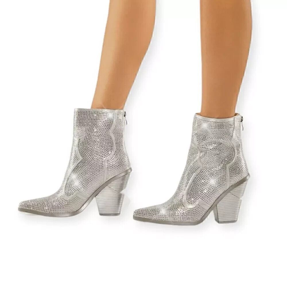 AZALEA WANG Soulard Rhinestone Western Bootie in Silver Size 8 NEW